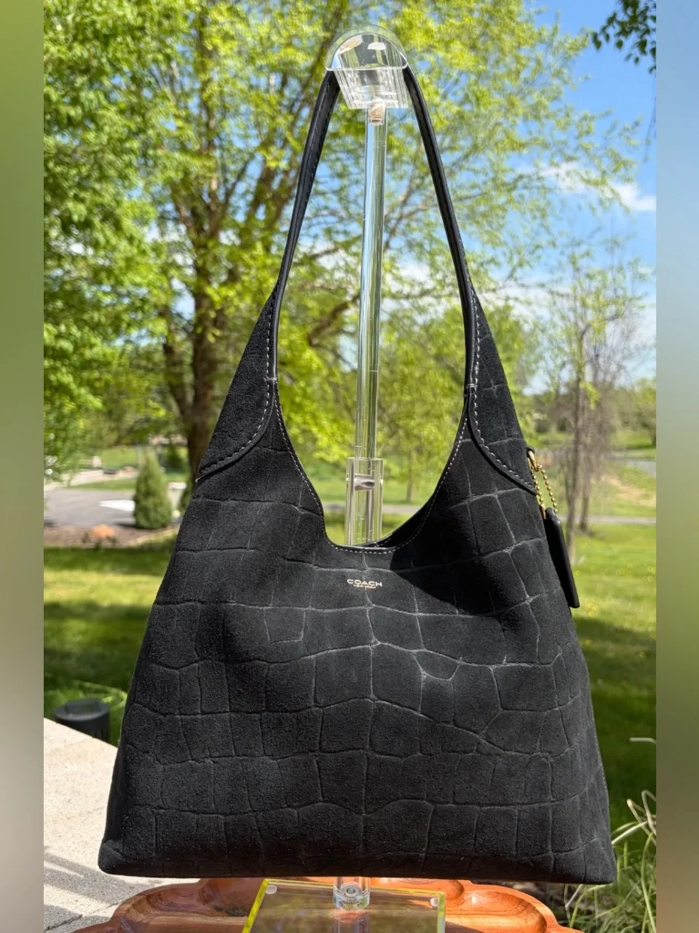 Coach Brooklyn 28 Shoulder Bag Croc Embossed Black Suede NWOT